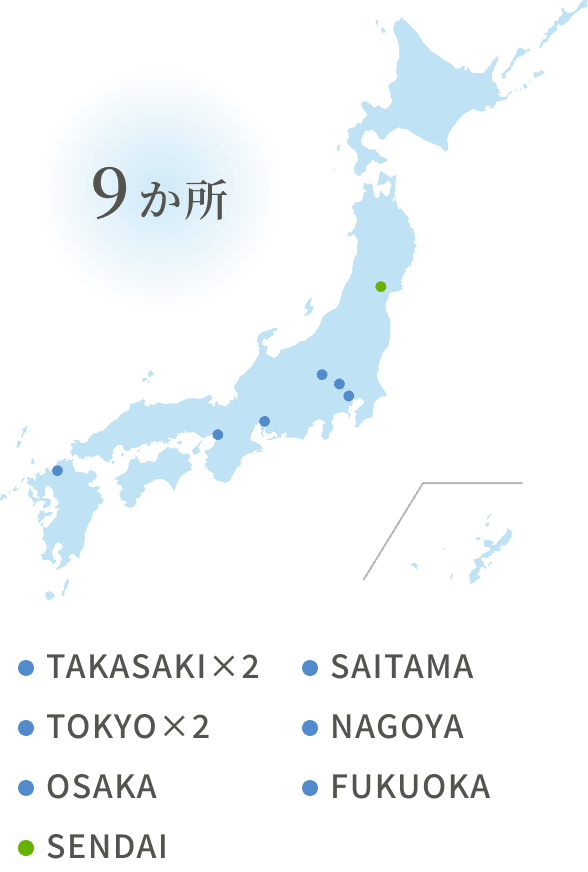 全国オフィス・営業所数 9か所：Takasaki×2、Saitama、Tokyo×2、Nagoya、Osaka、Fukuoka、Sendai