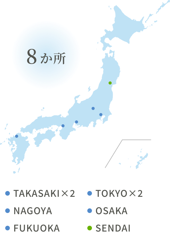 全国オフィス・営業所数 8か所：Takasaki×2、Tokyo×2、Nagoya、Osaka、Fukuoka、Sendai